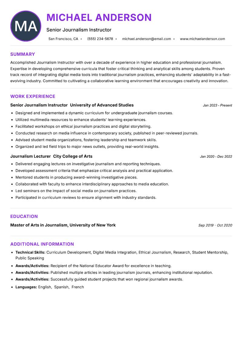Journalism Instructor resume example — ATS-friendly template