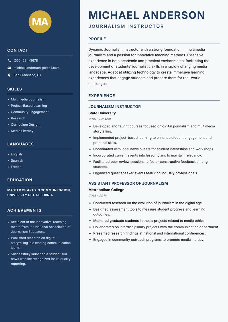 Journalism Instructor resume template — Classic Clean