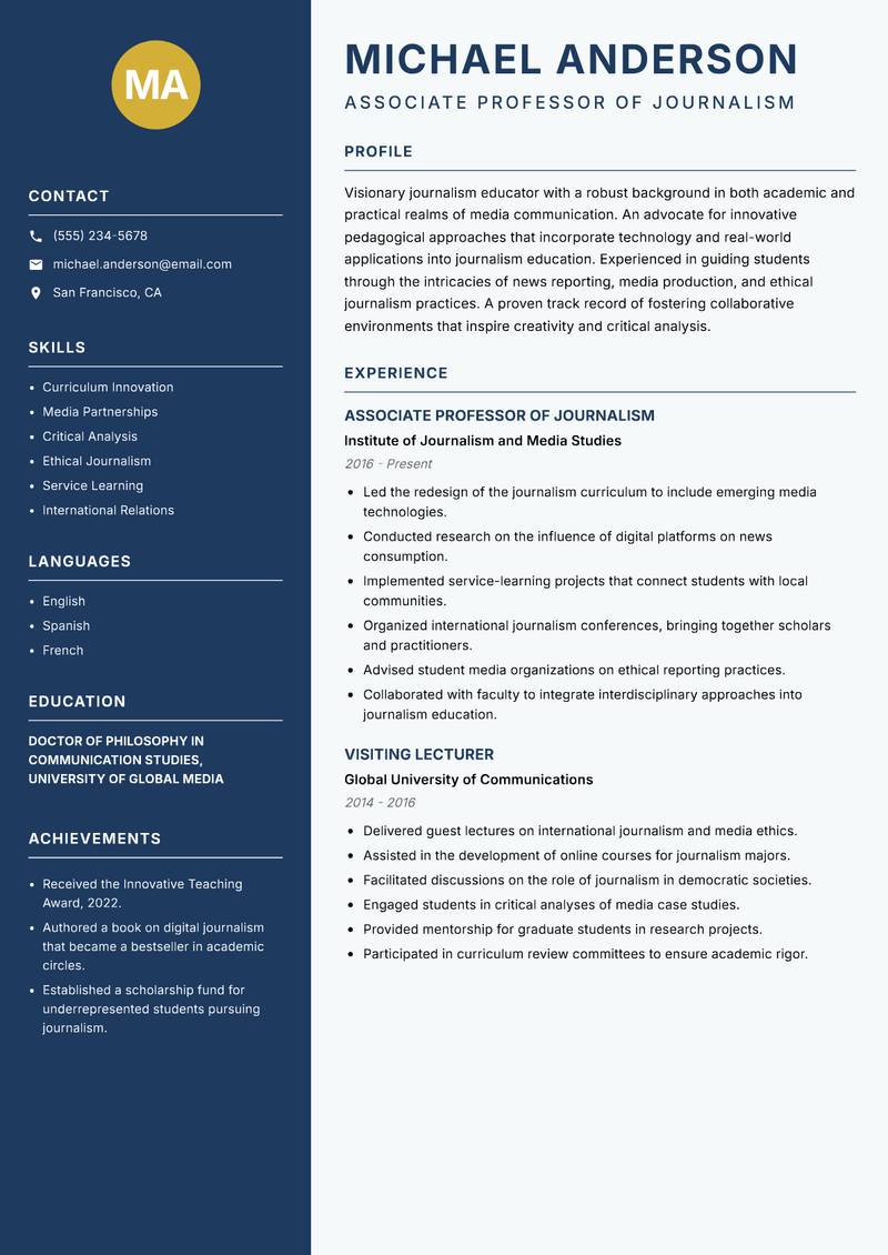 Journalism Lecturer resume template — Classic Clean