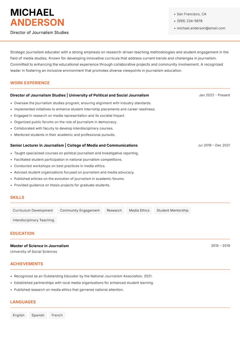 Journalism Lecturer resume template — Modern Professional