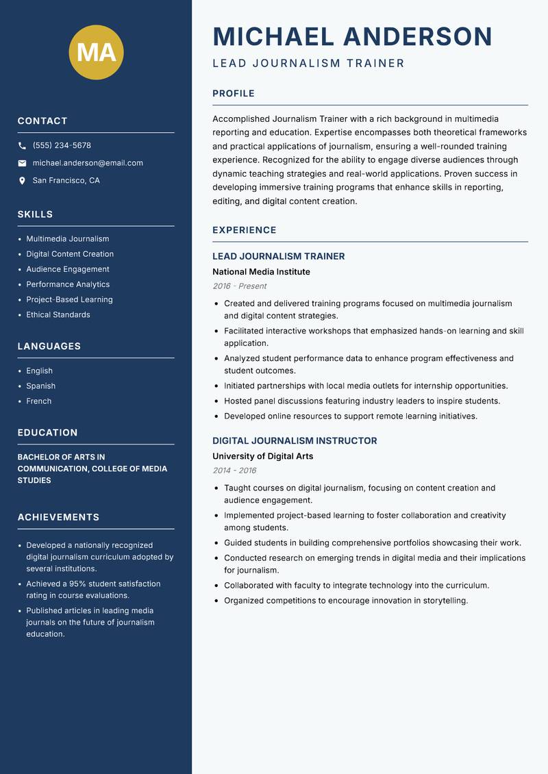 Journalism Trainer resume template — Classic Clean