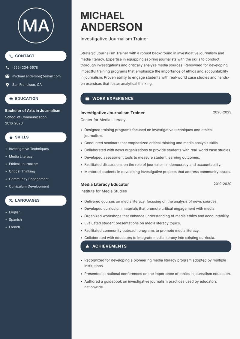 Journalism Trainer resume template — Compact