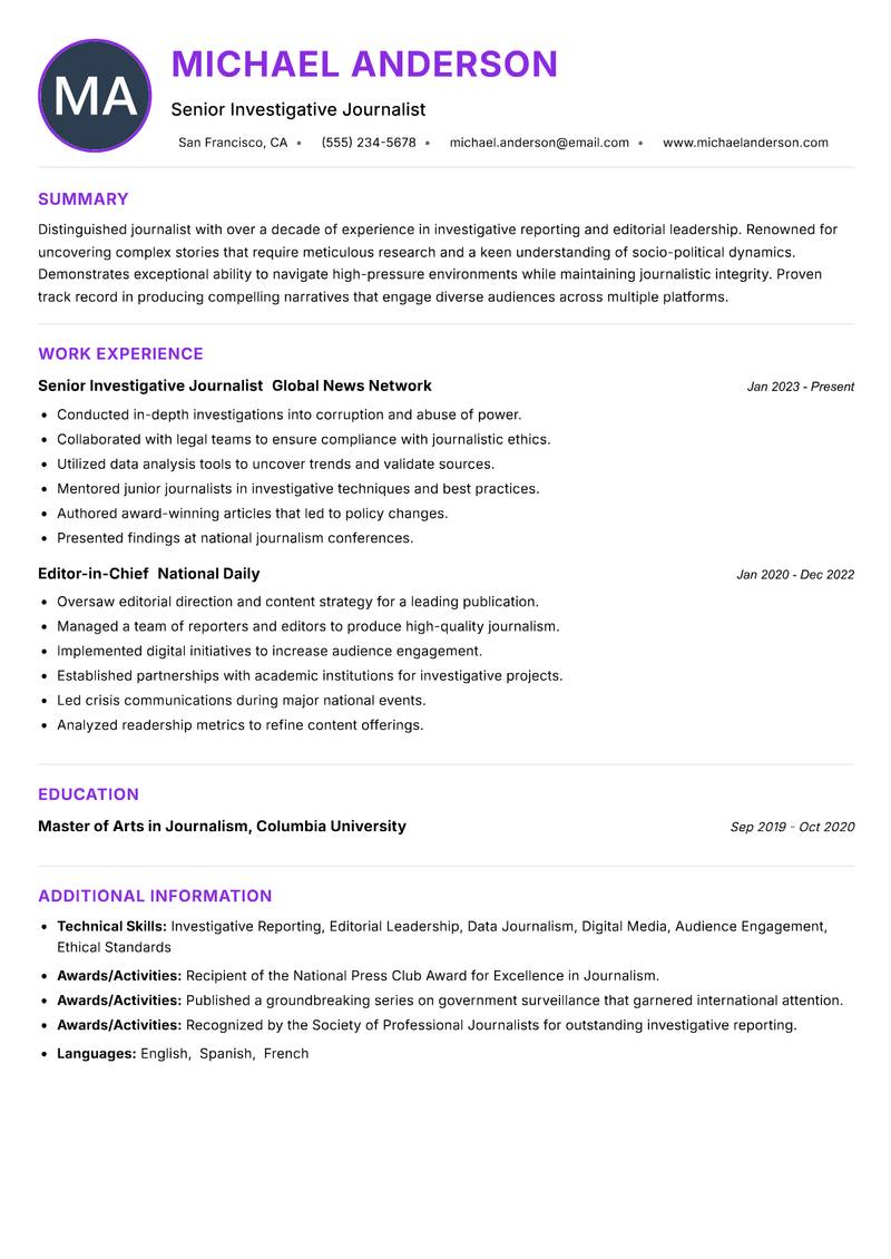 Journalist resume example — ATS-friendly template