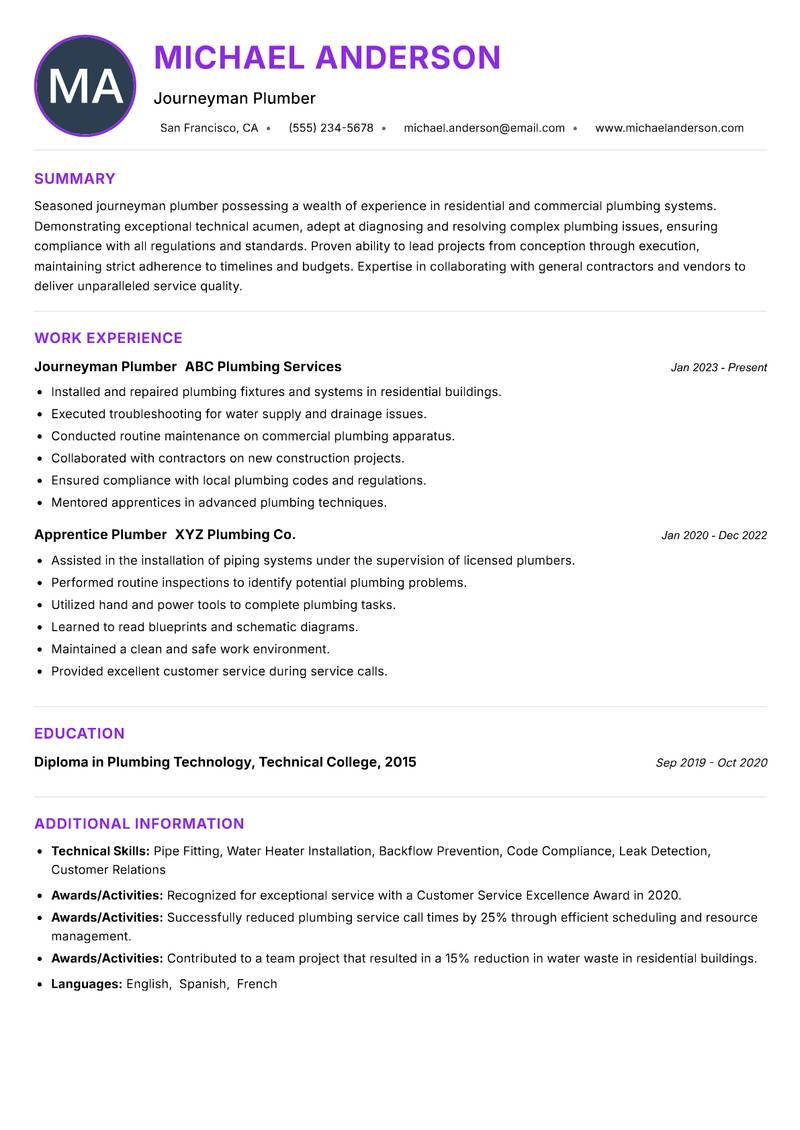 Journeyman Plumber resume example — ATS-friendly template