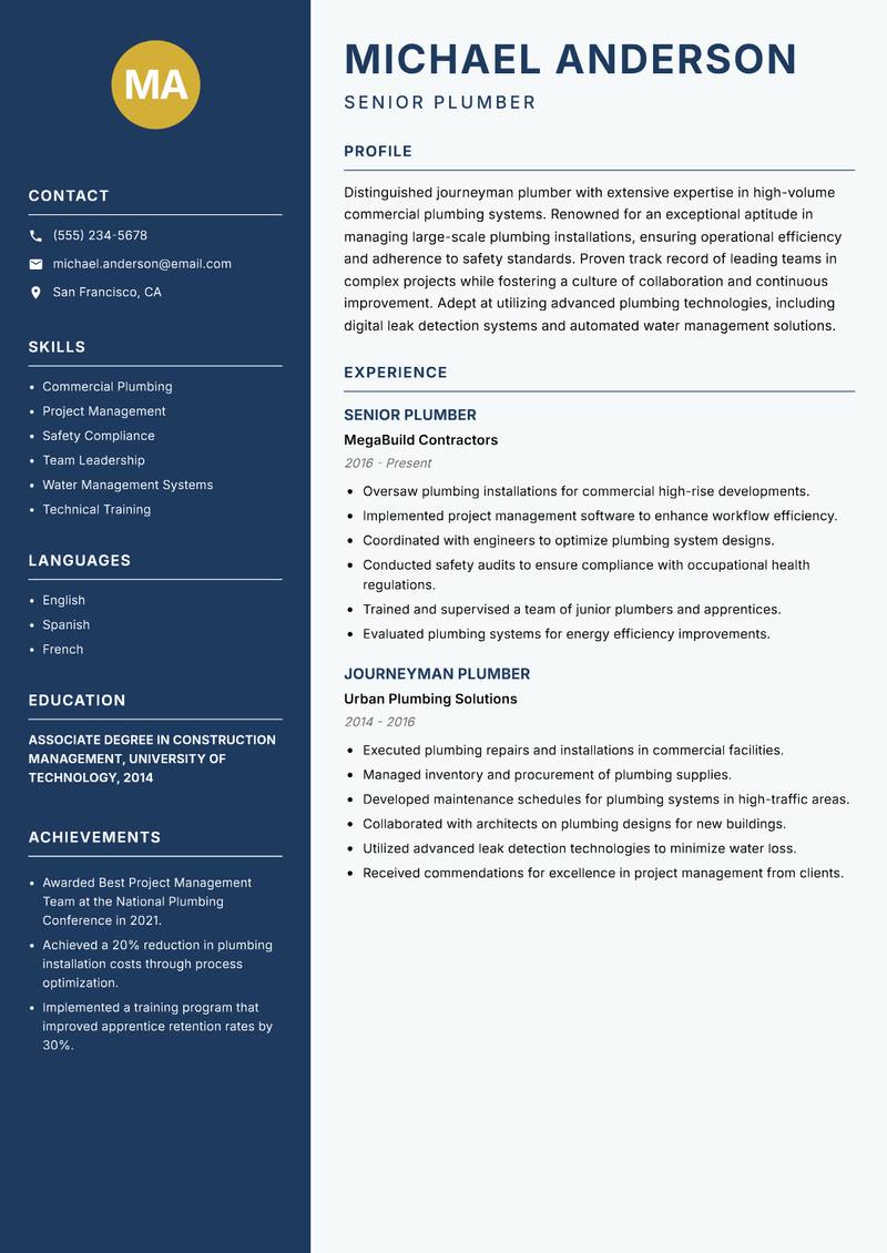 Journeyman Plumber resume template — Classic Clean