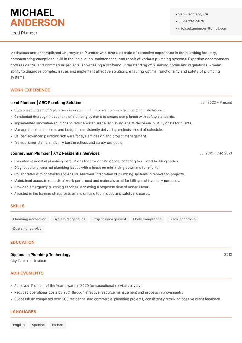 Journeyman Plumber resume template — Modern Professional