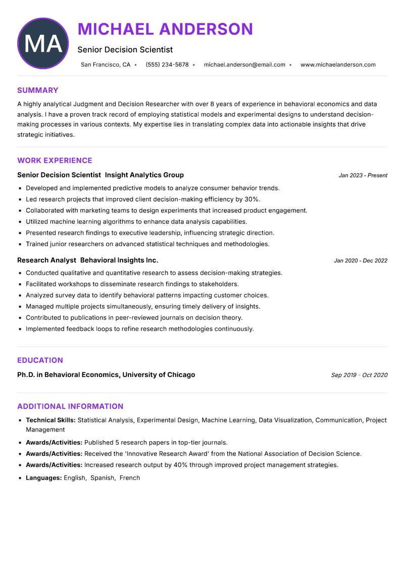 Judgment and Decision Researcher resume example — ATS-friendly template