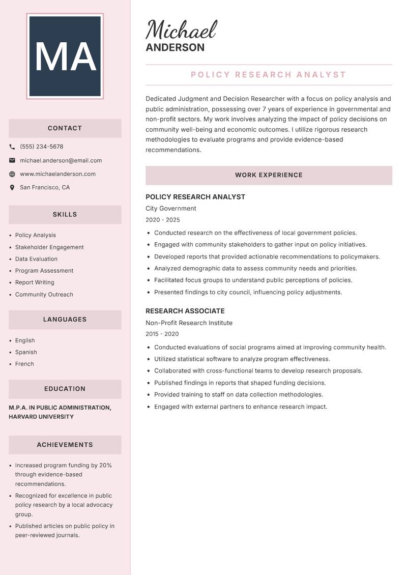 Judgment and Decision Researcher resume template — Executive