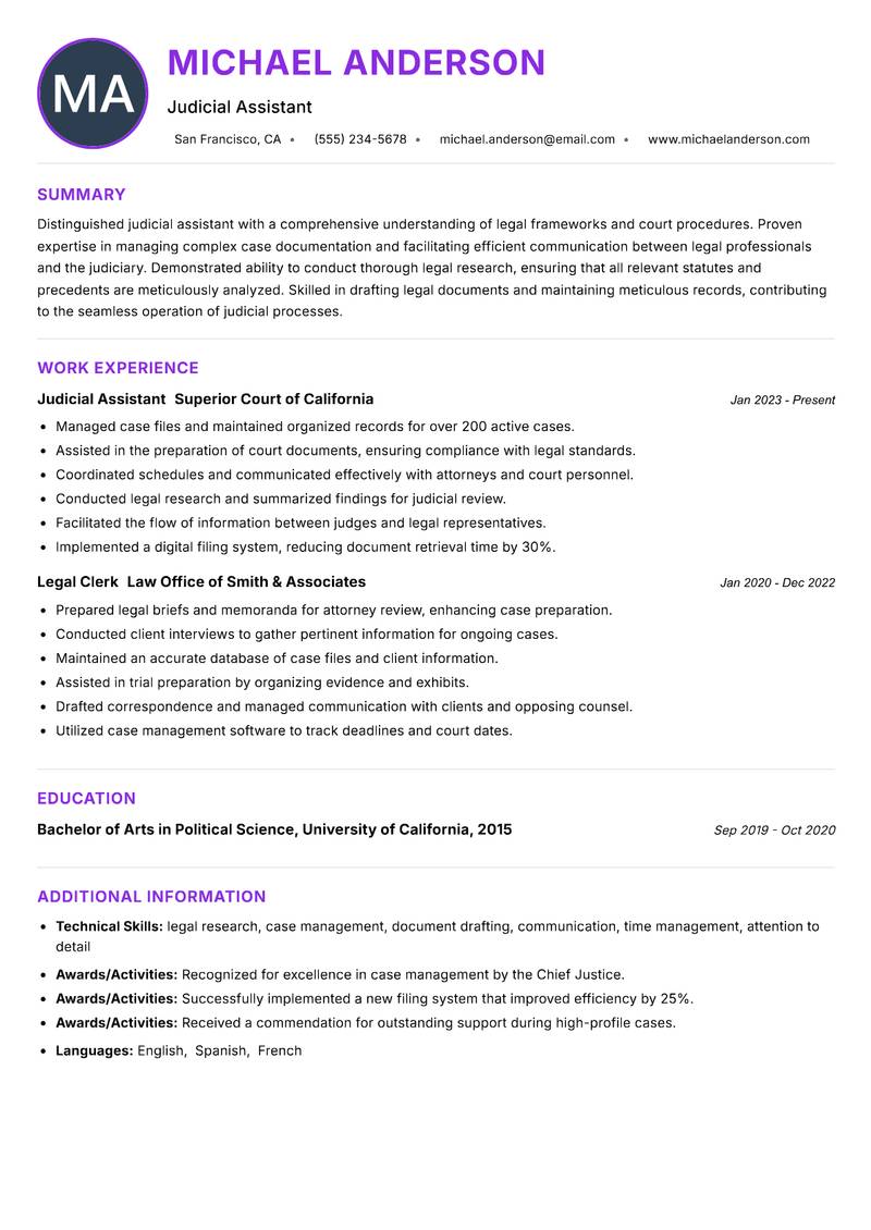 Judicial Assistant resume example — ATS-friendly template