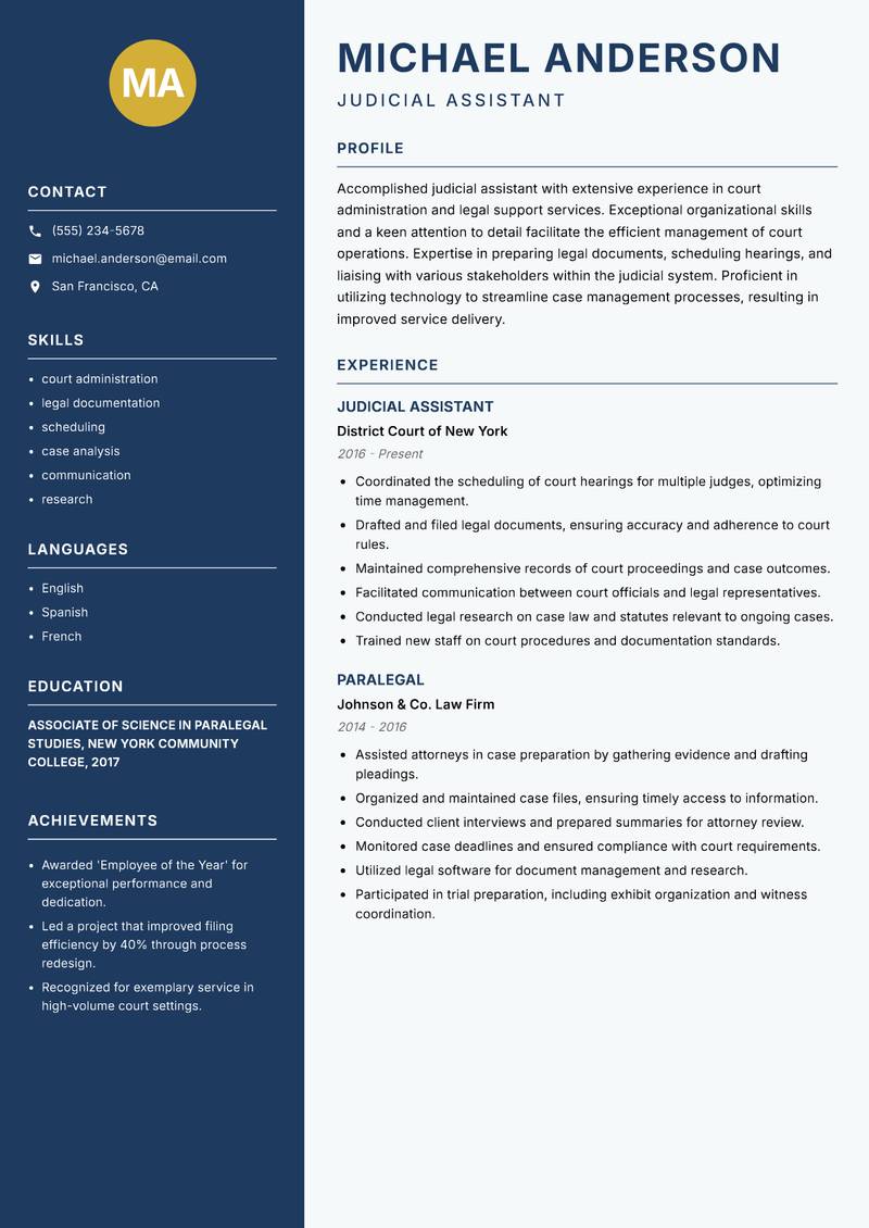 Judicial Assistant resume template — Classic Clean