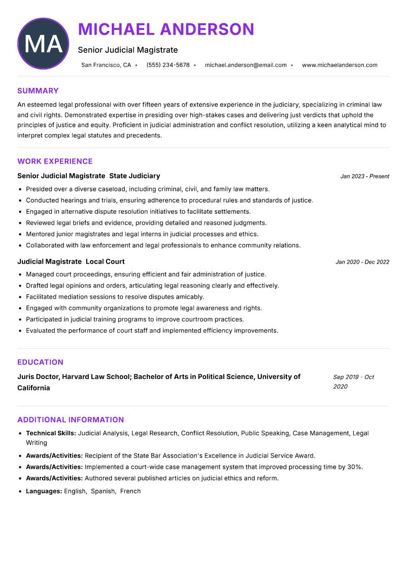 Judicial Magistrate resume example — ATS-friendly template