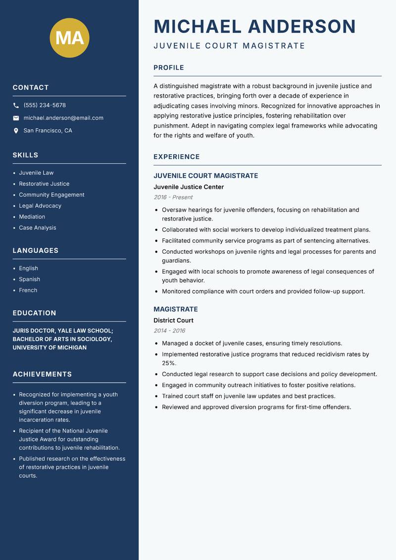 Judicial Magistrate resume template — Classic Clean