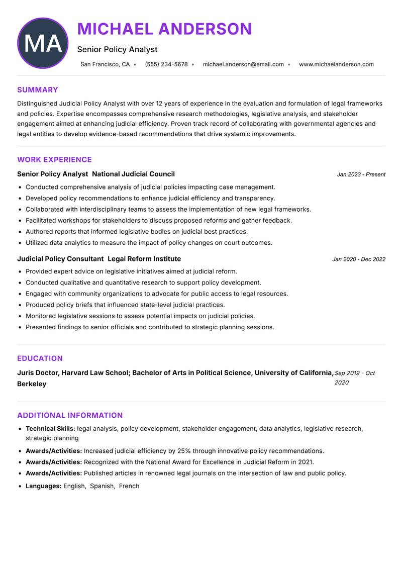 Judicial Policy Analyst resume example — ATS-friendly template