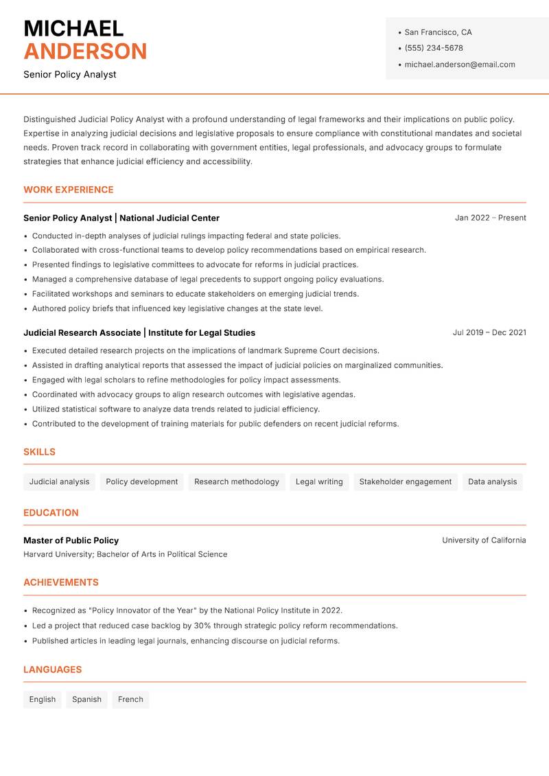 Judicial Policy Analyst resume template — Modern Professional