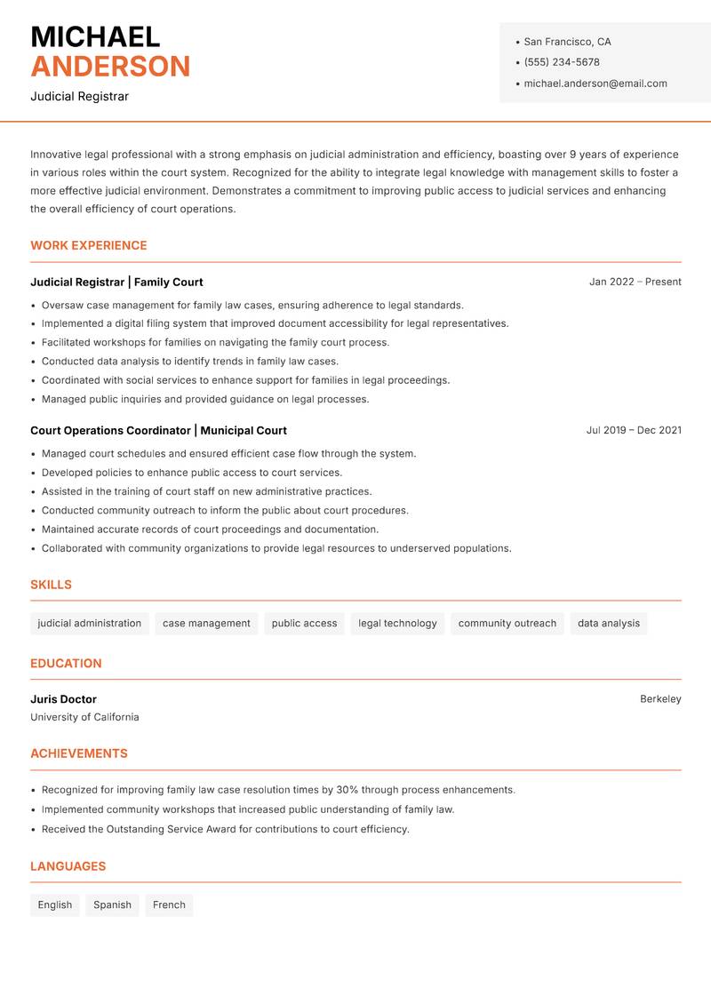 Judicial Registrar resume template — Modern Professional