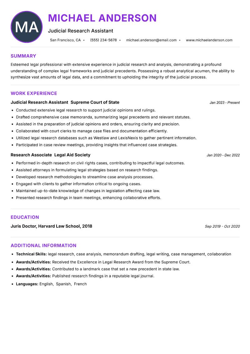 Judicial Research Assistant resume example — ATS-friendly template