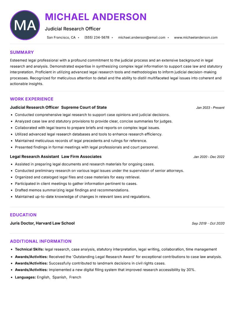 Judicial Research Officer resume example — ATS-friendly template
