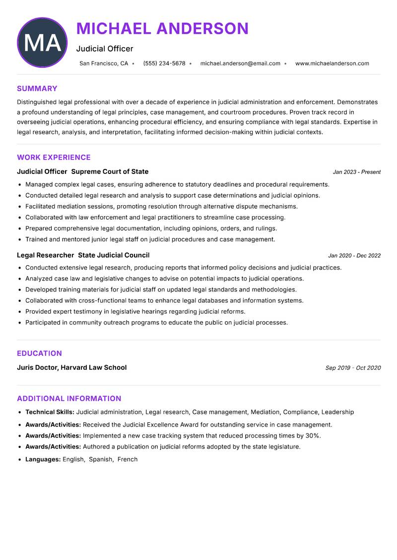 Judicial Service Officer resume example — ATS-friendly template