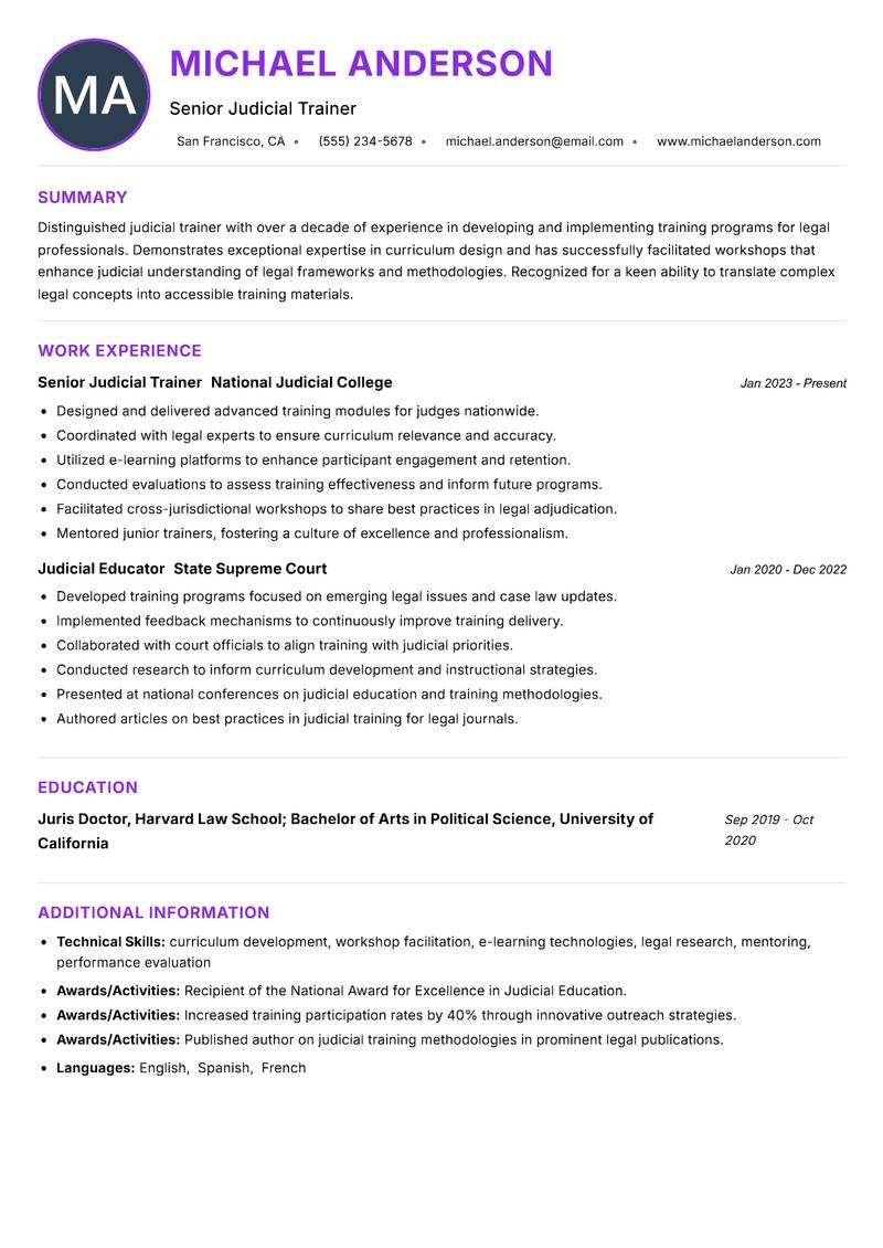 Judicial Trainer resume example — ATS-friendly template