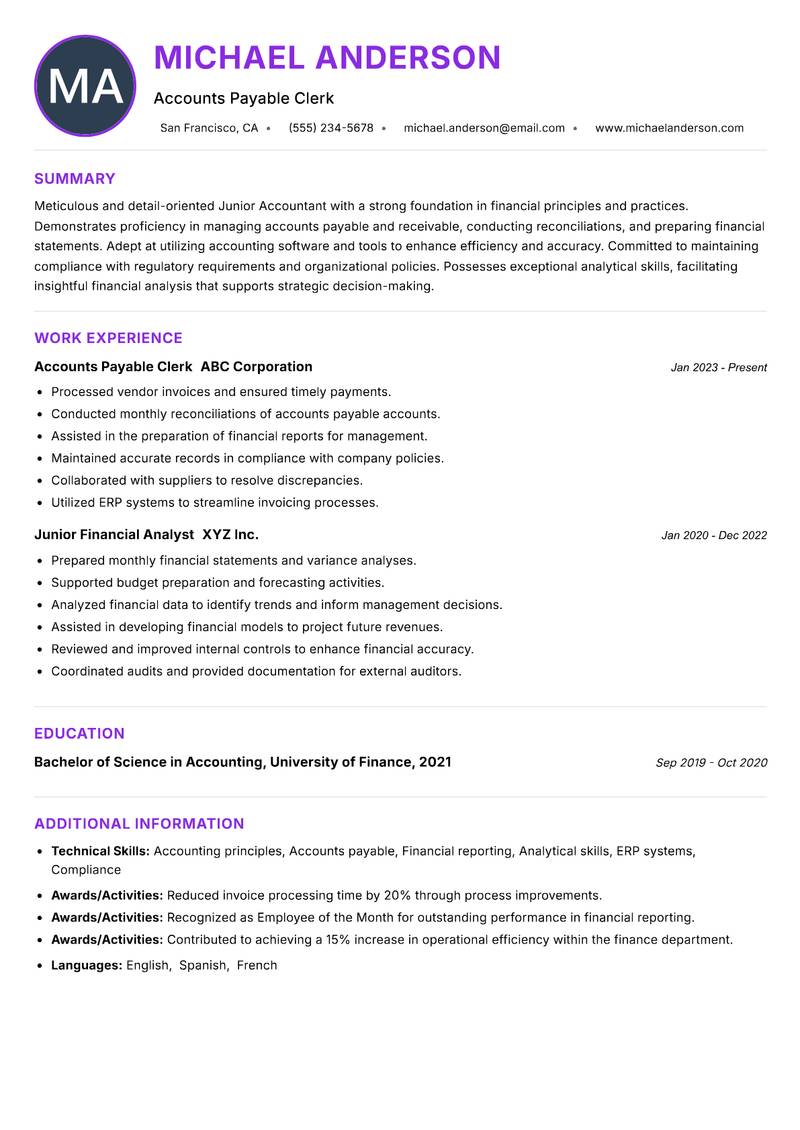 Junior Accountant resume example — ATS-friendly template