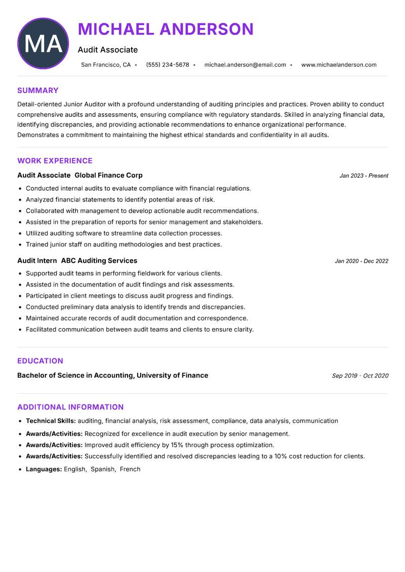 Junior Auditor resume example — ATS-friendly template