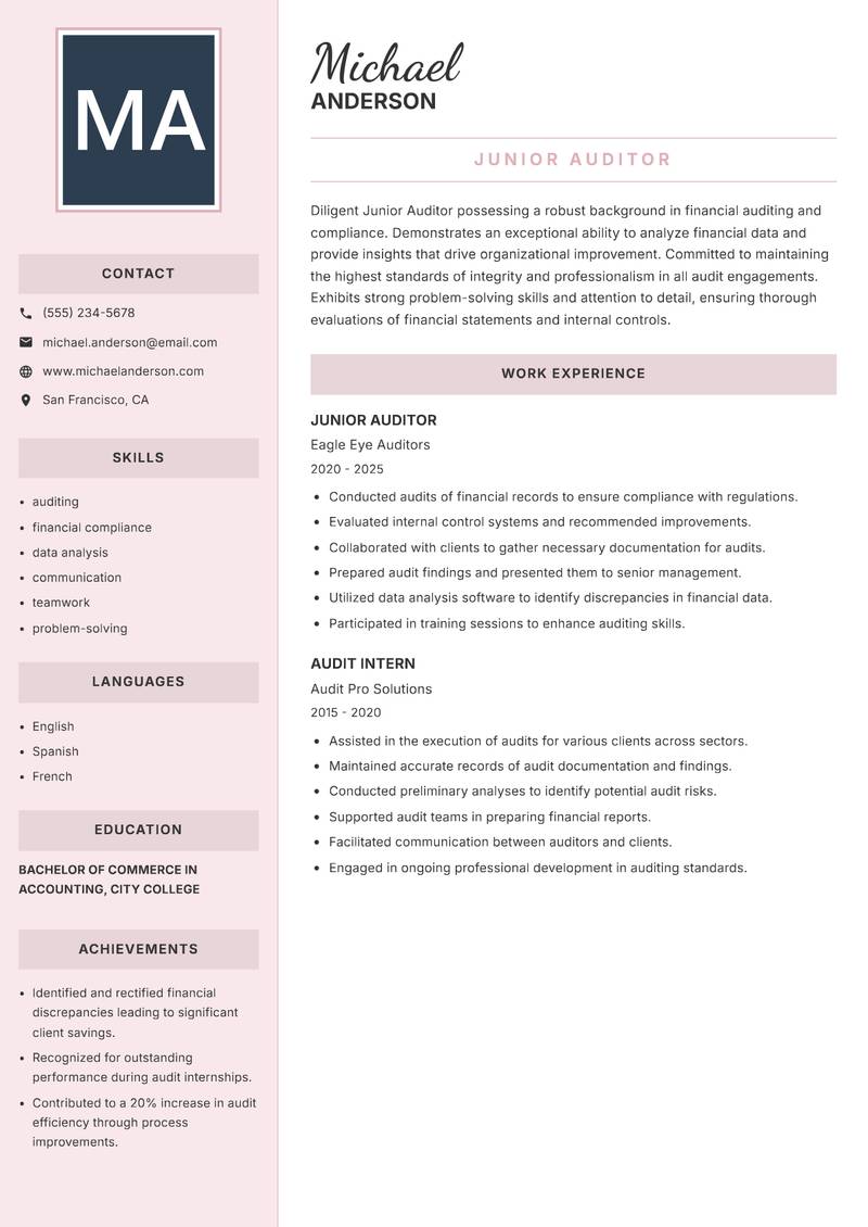 Junior Auditor resume template — Executive