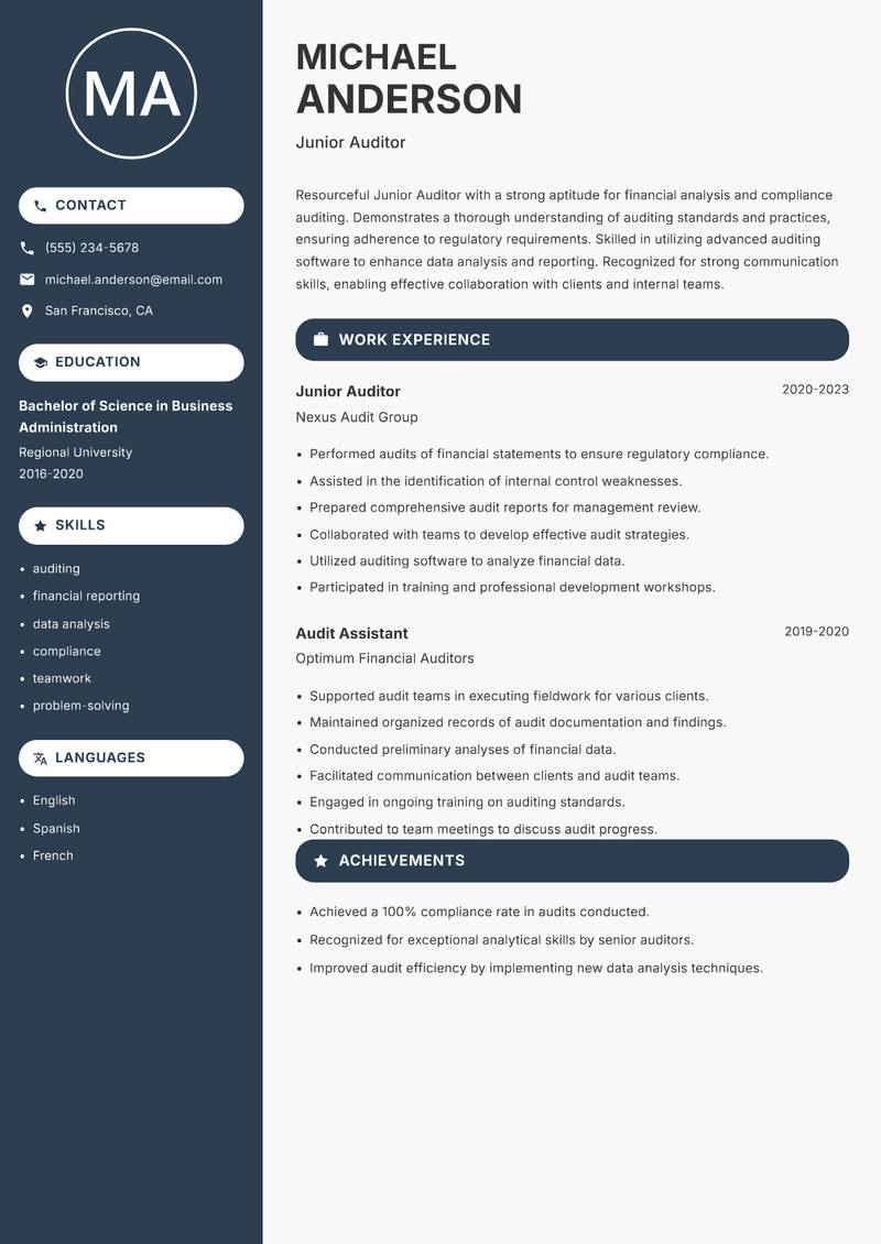 Junior Auditor resume template — Compact