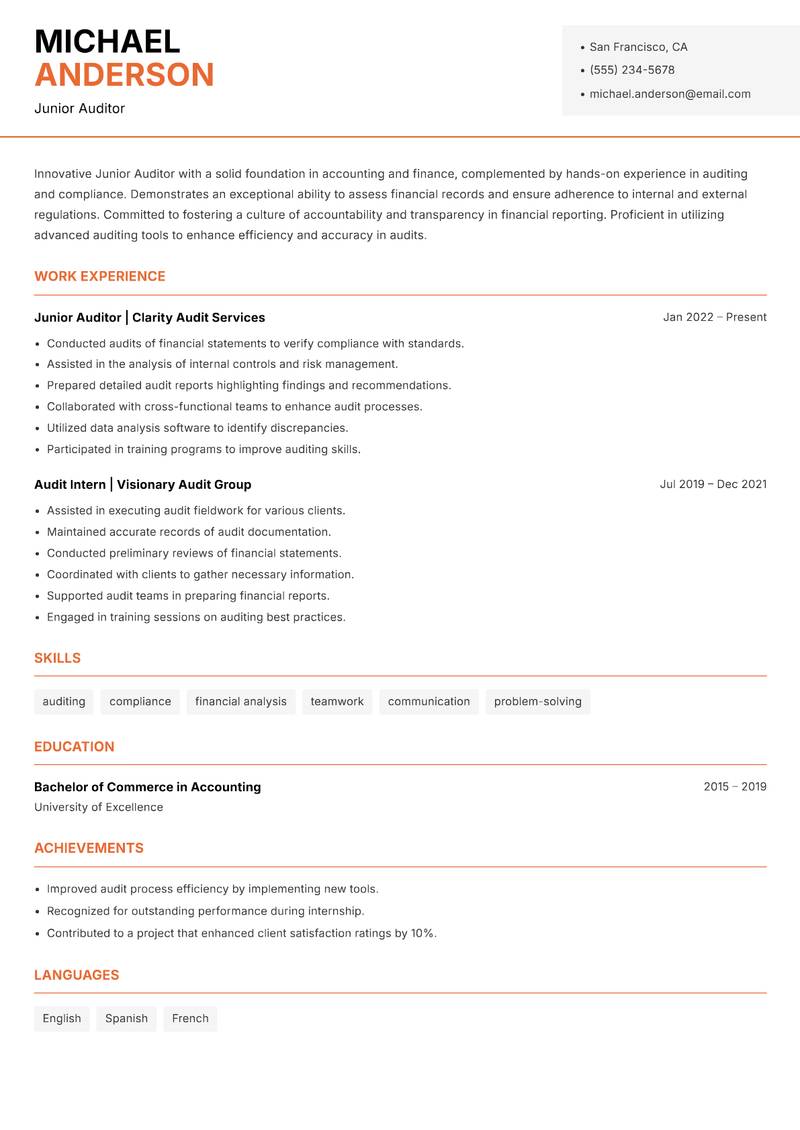 Junior Auditor resume template — Modern Professional