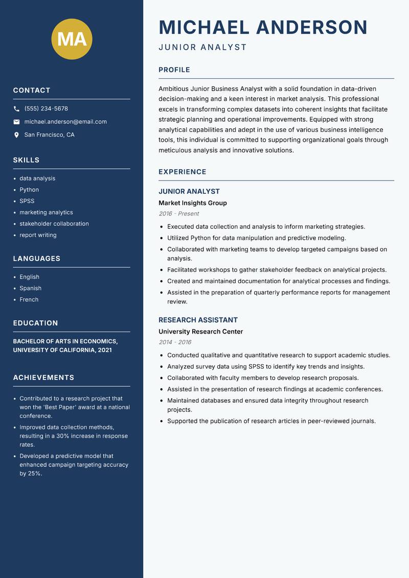 Junior Business Analyst resume template — Classic Clean