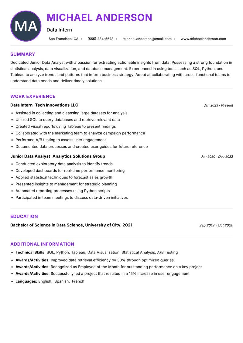 Junior Data Analyst resume example — ATS-friendly template