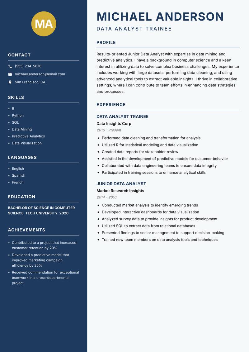 Junior Data Analyst resume template — Classic Clean