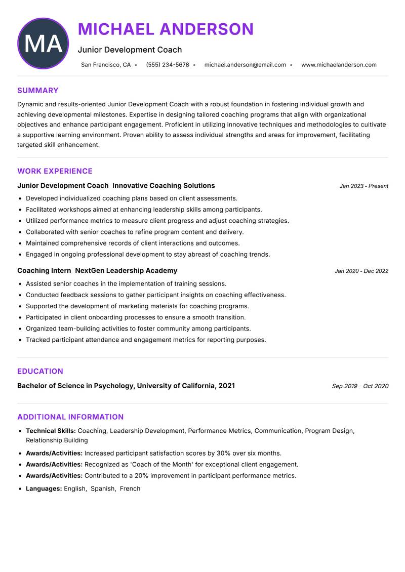 Junior Development Coach resume example — ATS-friendly template