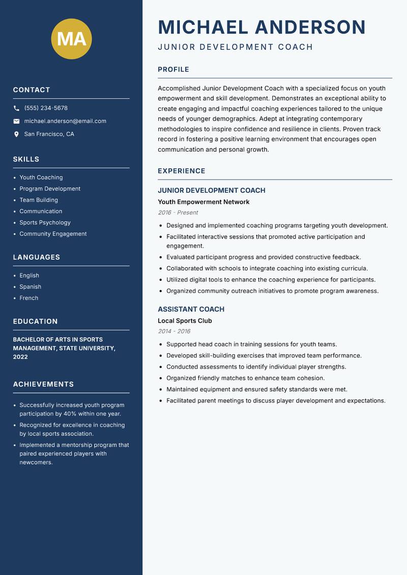 Junior Development Coach resume template — Classic Clean