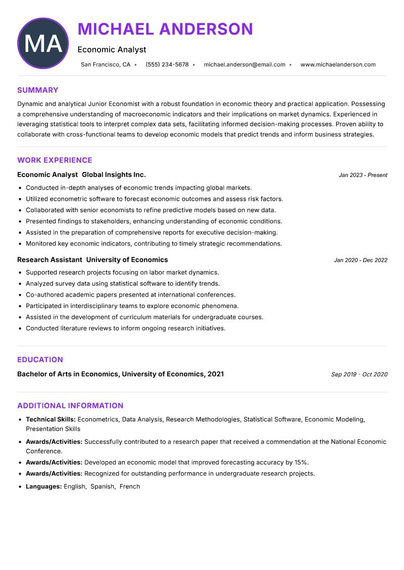 Junior Economist resume example — ATS-friendly template