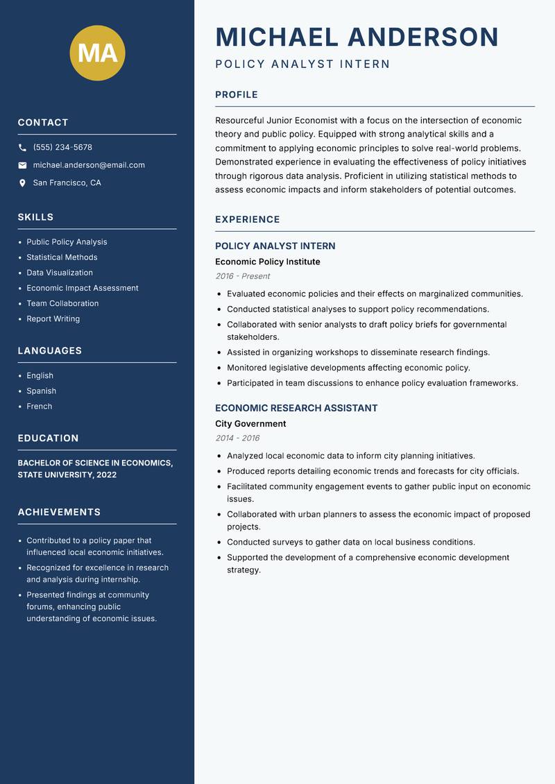 Junior Economist resume template — Classic Clean