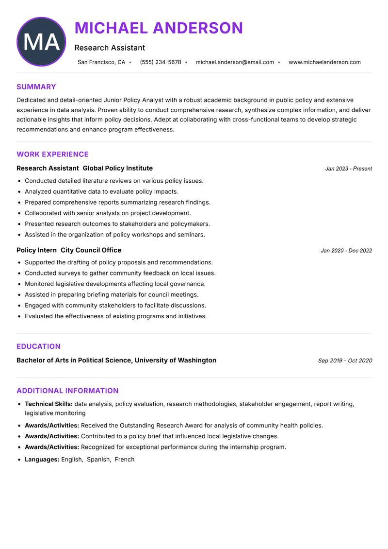 Junior Policy Analyst resume example — ATS-friendly template
