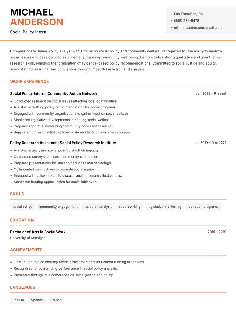 Junior Policy Analyst resume template — Modern Professional