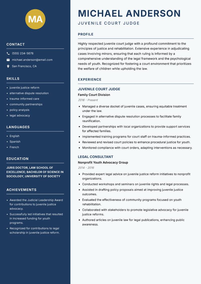 Juvenile Court Judge resume template — Classic Clean
