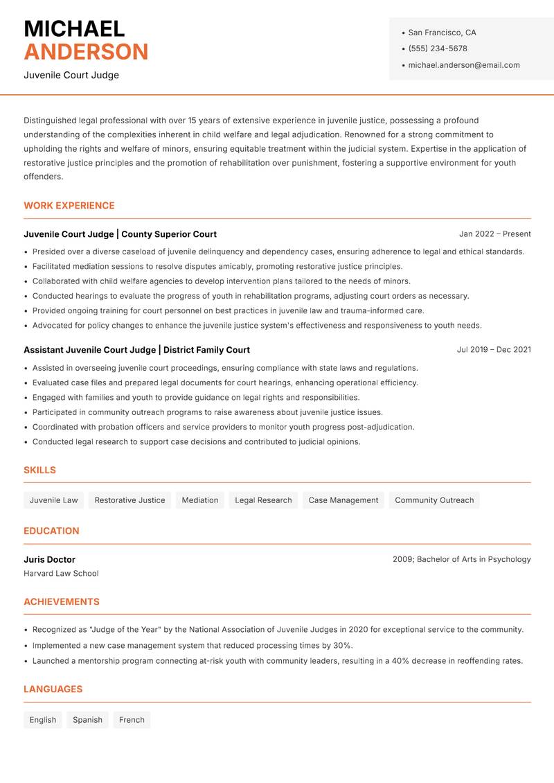 Juvenile Court Judge resume template — Modern Professional