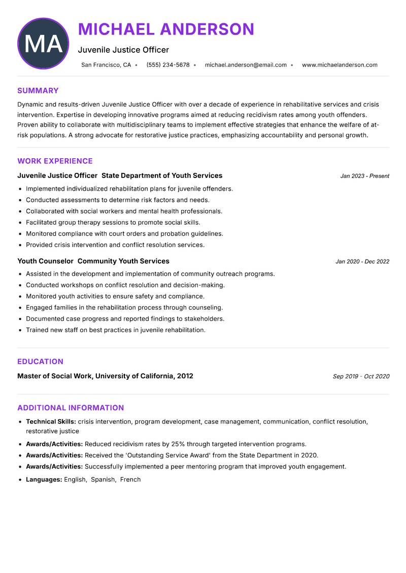 Juvenile Justice Officer resume example — ATS-friendly template