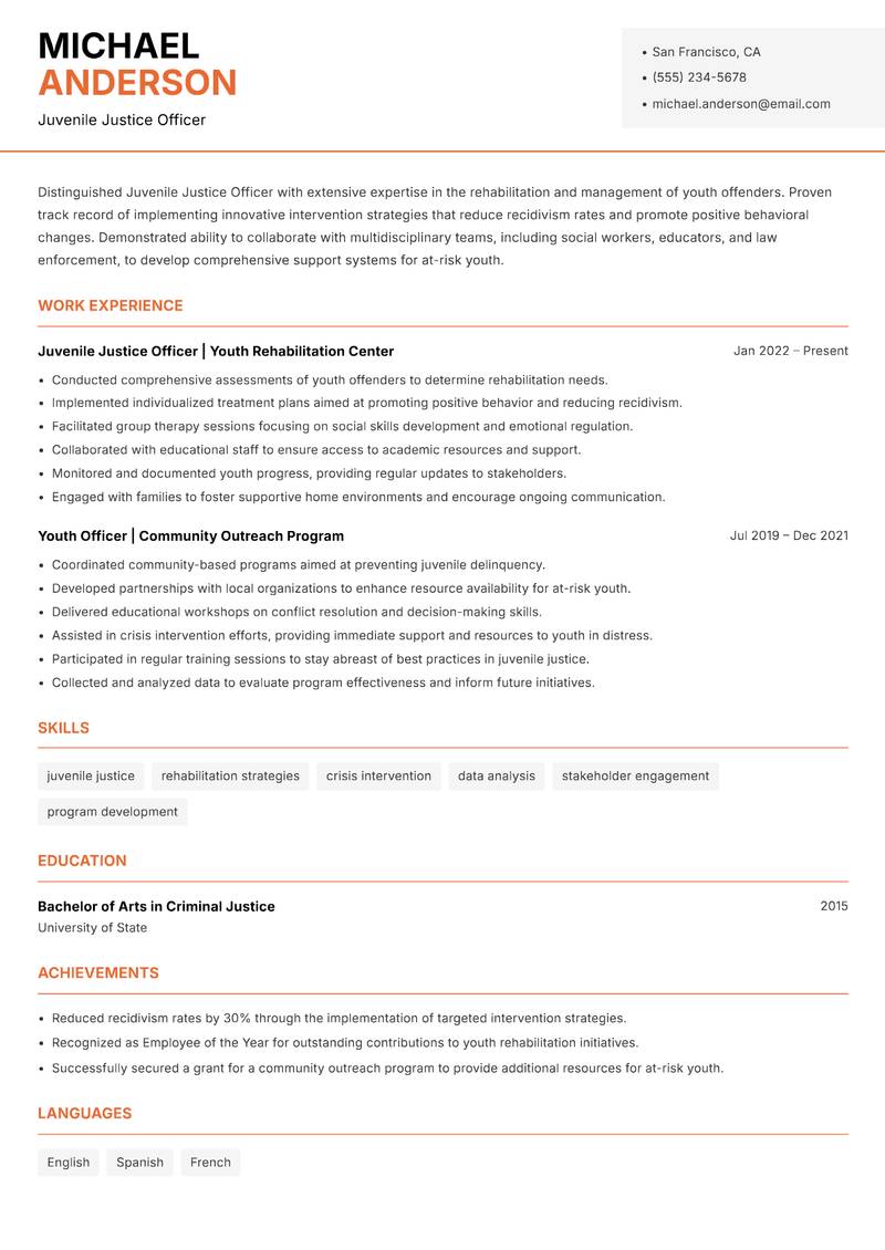 Juvenile Justice Officer resume template — Modern Professional