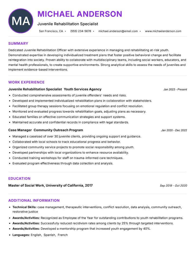 Juvenile Rehabilitation Officer resume example — ATS-friendly template