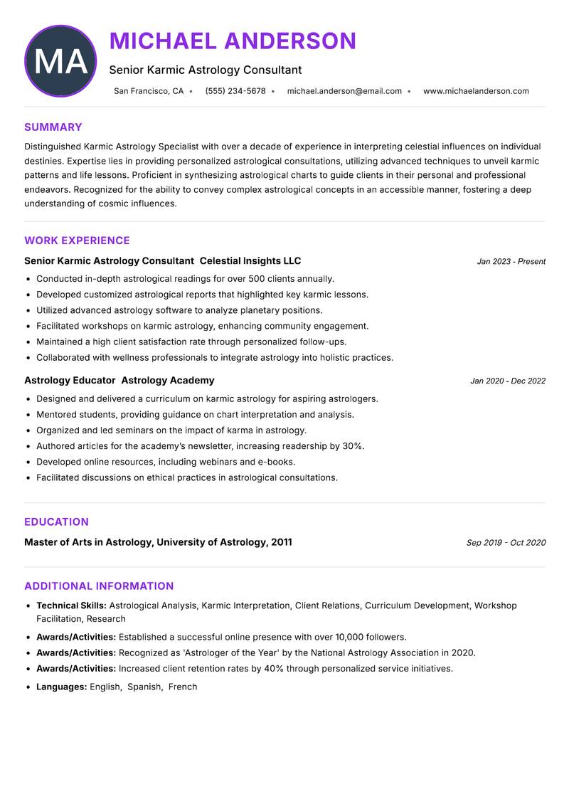 Karmic Astrology Specialist resume example — ATS-friendly template