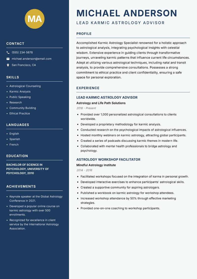 Karmic Astrology Specialist resume template — Classic Clean