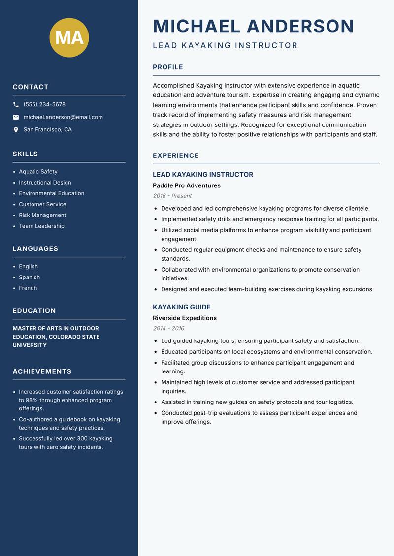 Kayaking Instructor resume template — Classic Clean