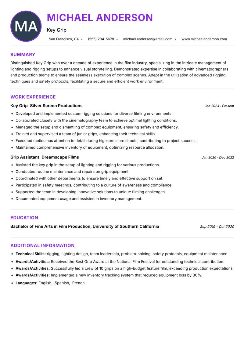 Key Grip resume example — ATS-friendly template