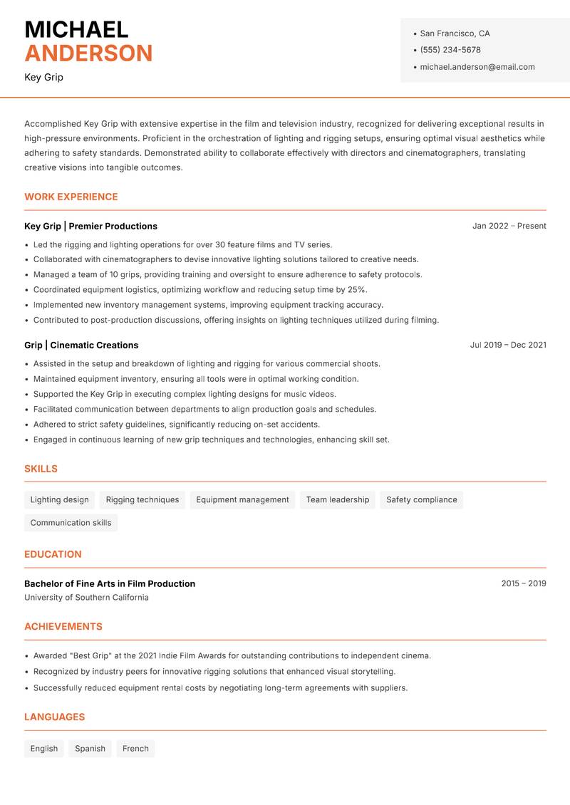 Key Grip resume template — Modern Professional
