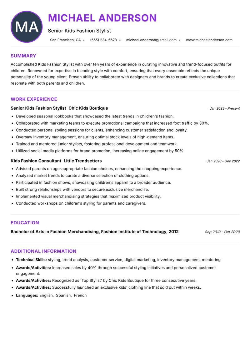 Kids Fashion Stylist resume example — ATS-friendly template