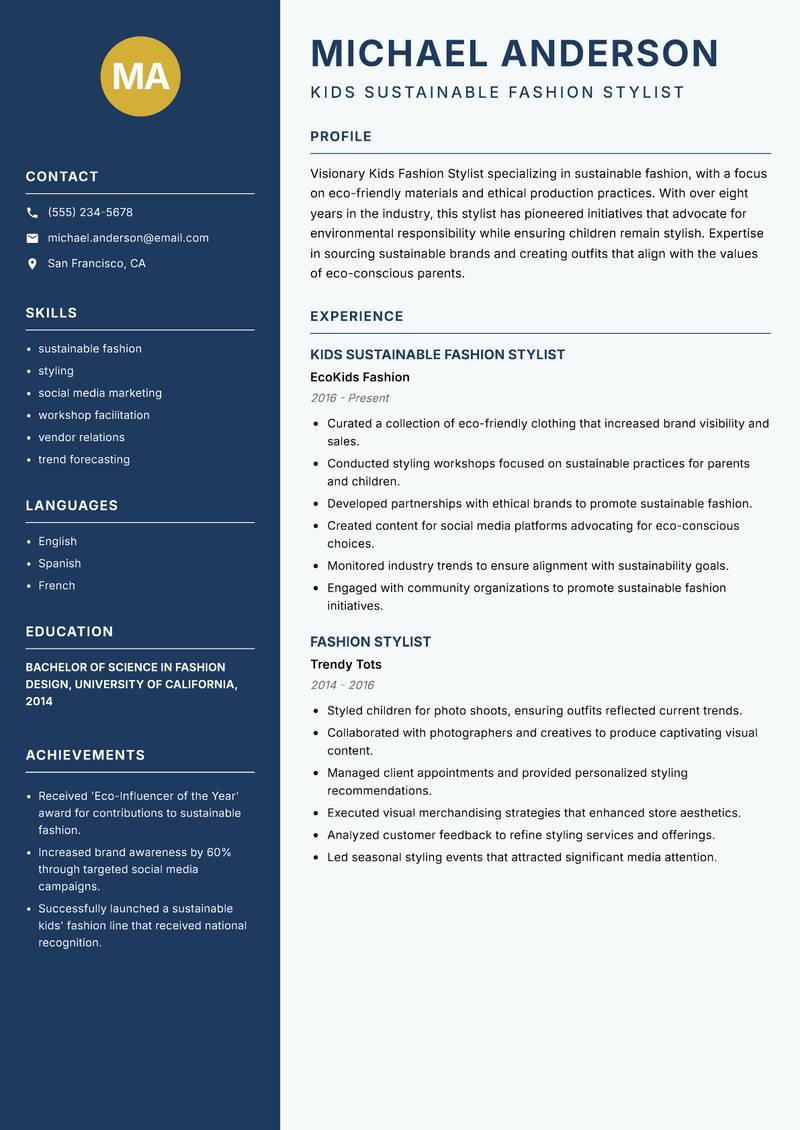 Kids Fashion Stylist resume template — Classic Clean
