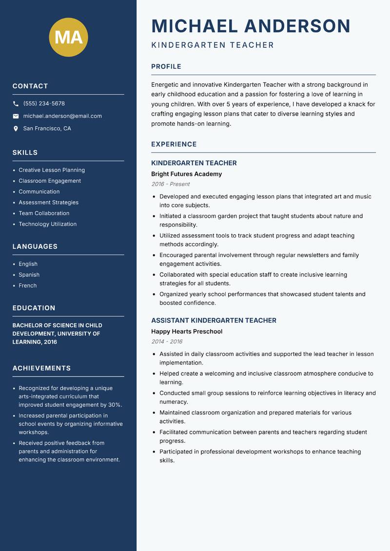 Kindergarten Teacher resume template — Classic Clean